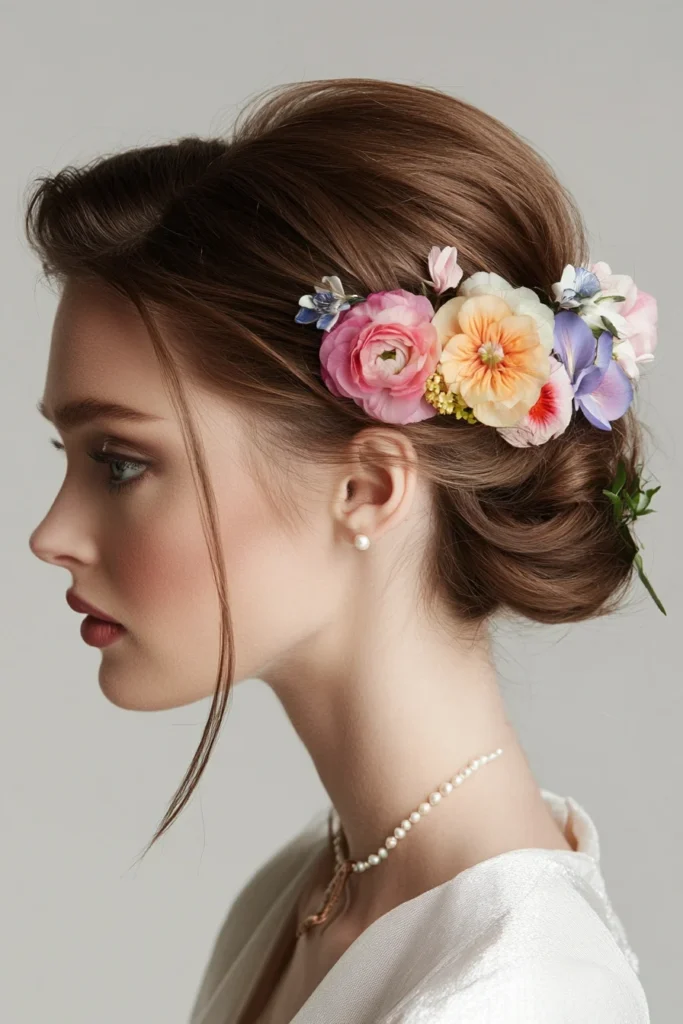 Casual Messy Bun with Hair Flowers
