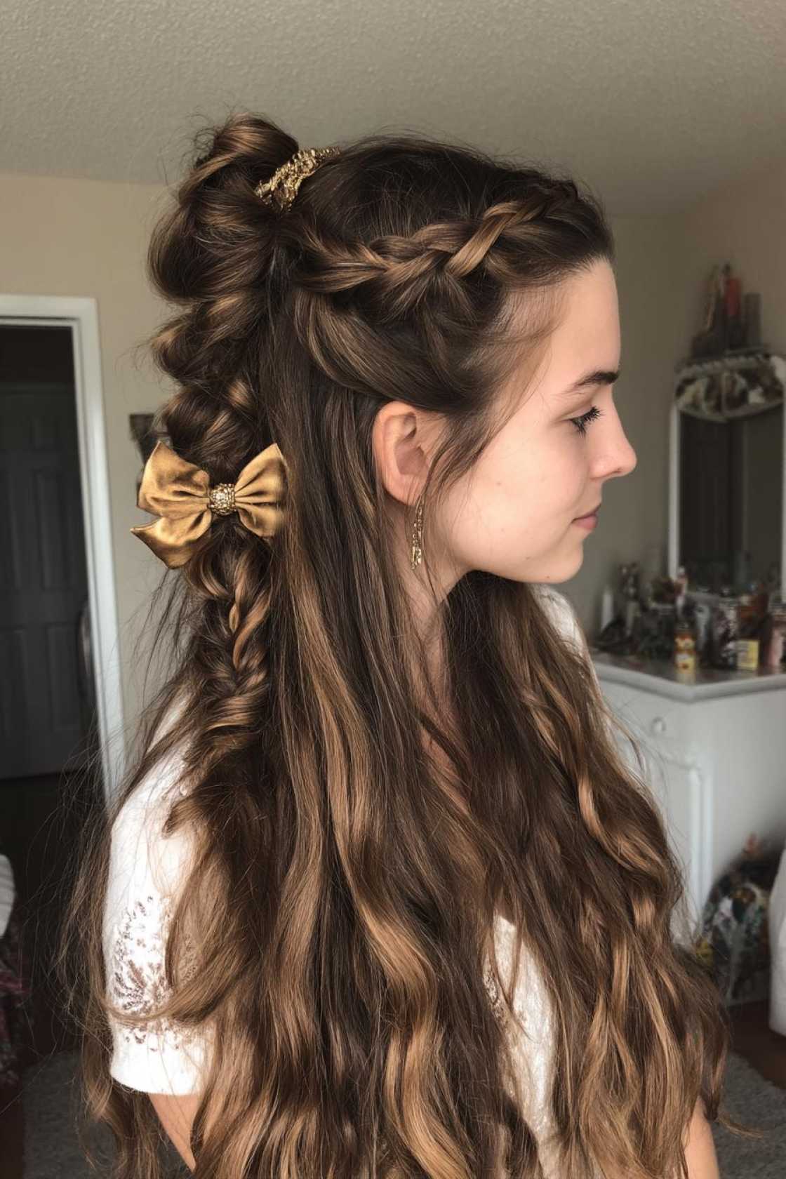 12+ Adorable Back to School Hairstyles with Bows & Clips You Need to Try. - 6. Half-Up Half-Down with Braids and a B