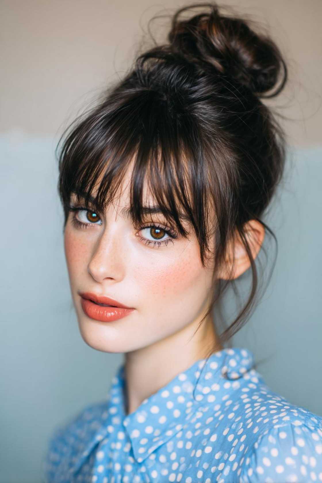 15+ Chic Summer Updos for Medium Hair (Easy Styles to Beat the Heat!). - 3. High Bun with Bangs