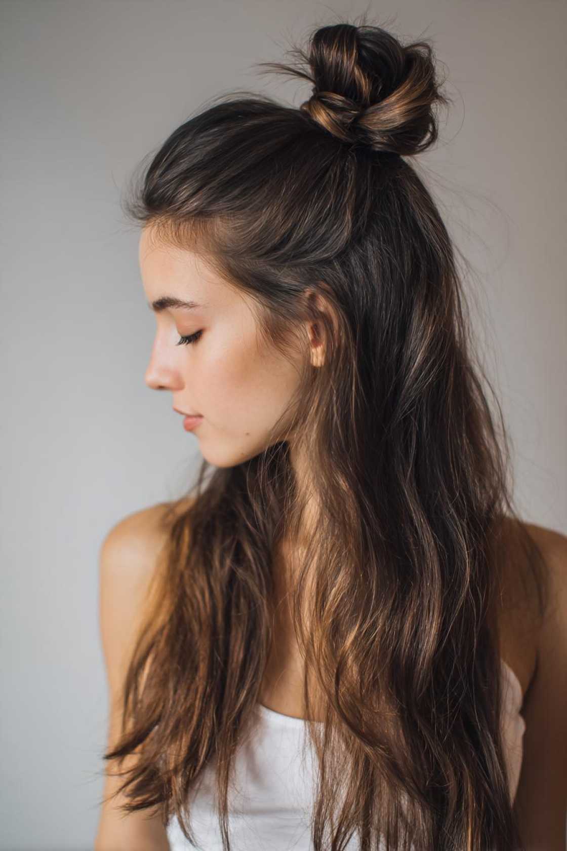 15+ Effortless Beach Hairstyles: Salty Waves, Chic Braids & Easy Updos. - 15. Half-Up Top Knot