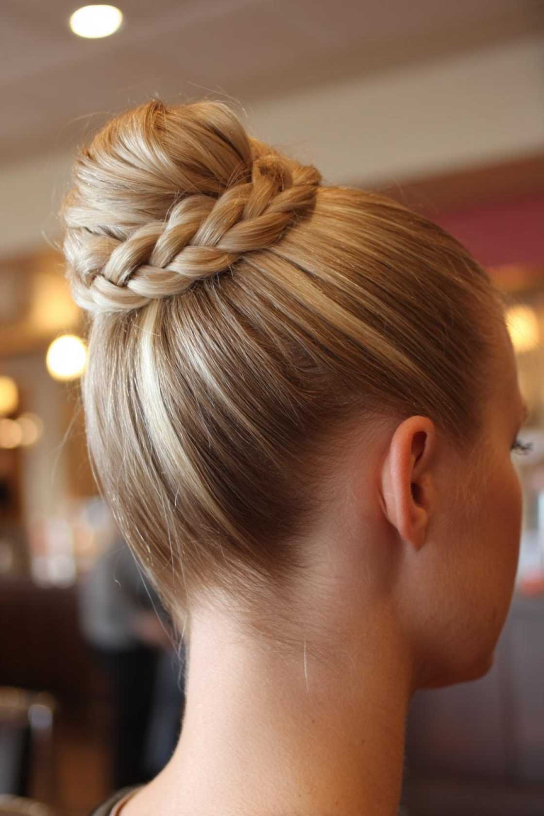 15+ Neat & Secure Waitress Hairstyles That Last Your Entire Shift (Food Service Approved!). - 5. High Bun with Braid Detail