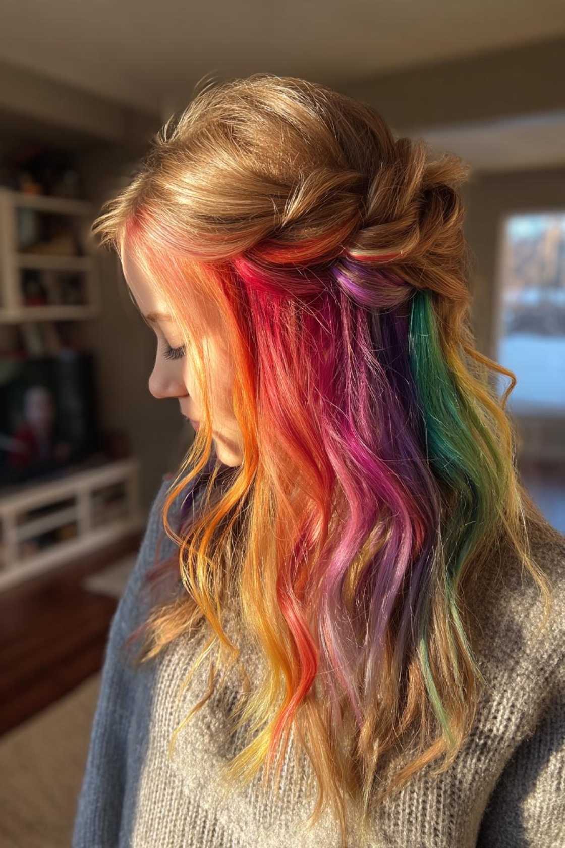20+ Rainbow Hair Ideas to Celebrate Pride Month in Style (All Hair Types!). - 8. Rainbow Half-Up, Half-Down