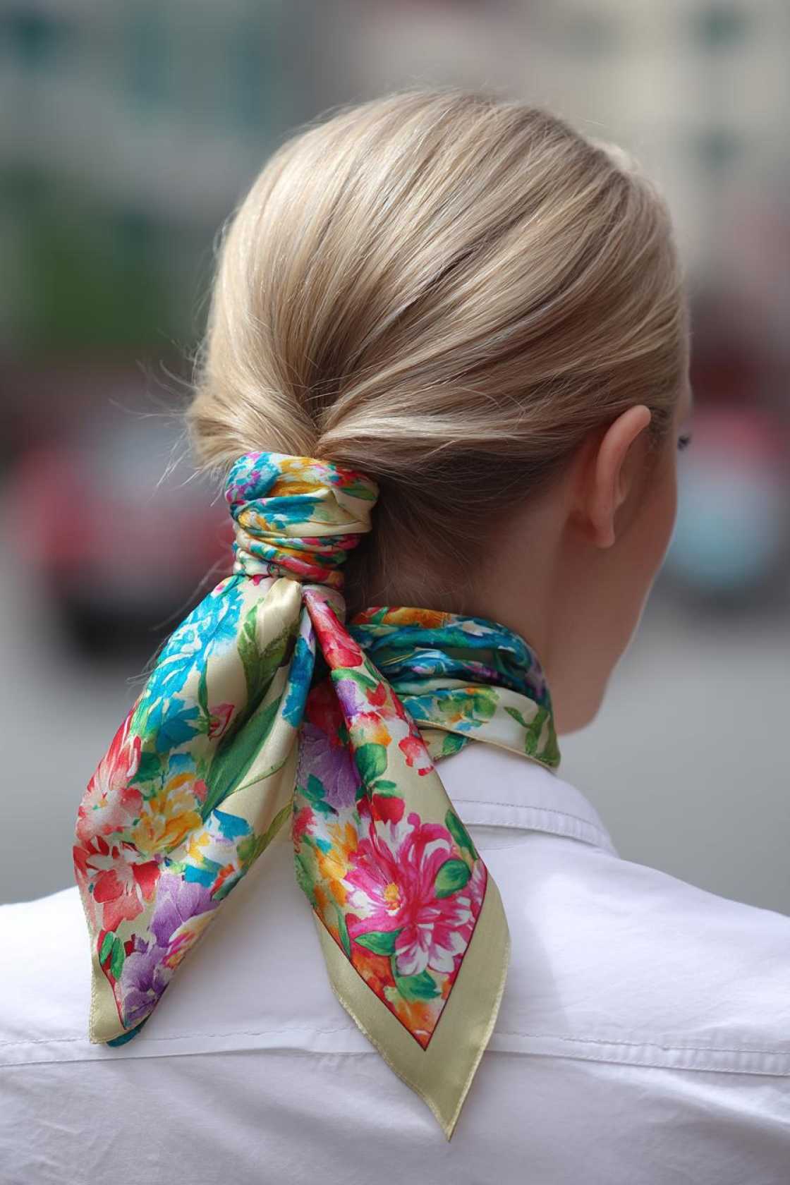 Accessorize Your Shoreline Style: 18+ Beach Hairstyles with Scarves, Hats & Clips - 6. Twisted Half-Up with a Floral Scarf