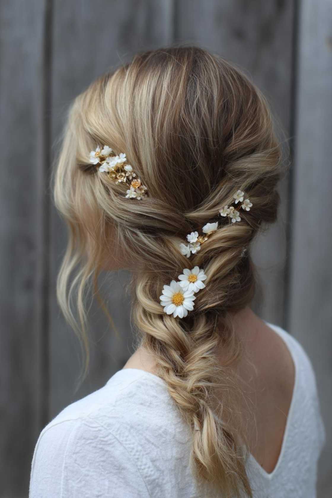 Accessorize Your Shoreline Style: 18+ Beach Hairstyles with Scarves, Hats & Clips - 15. Side Braid with Flower Pins