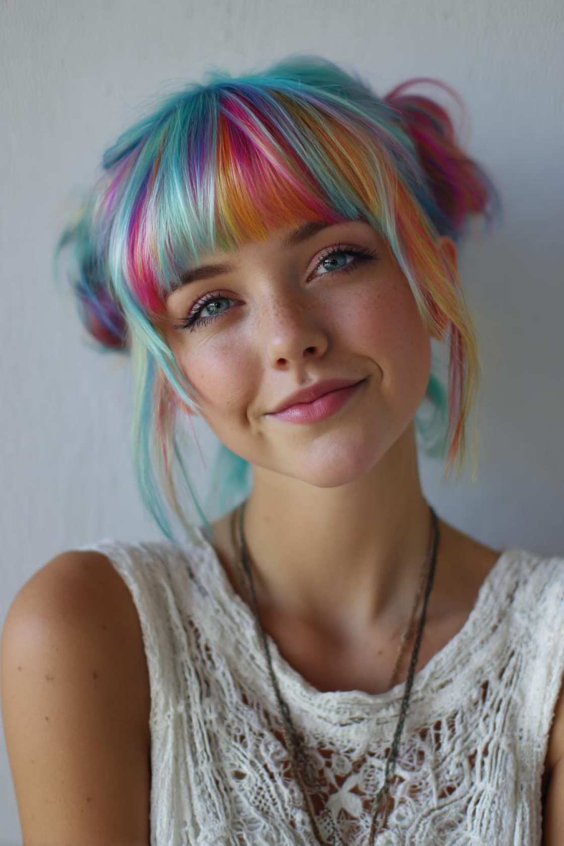 From Subtle Streaks to Full Spectrum: 25+ Ways to Wear Rainbow Hair This Pride. - 18. Rainbow Fringe
