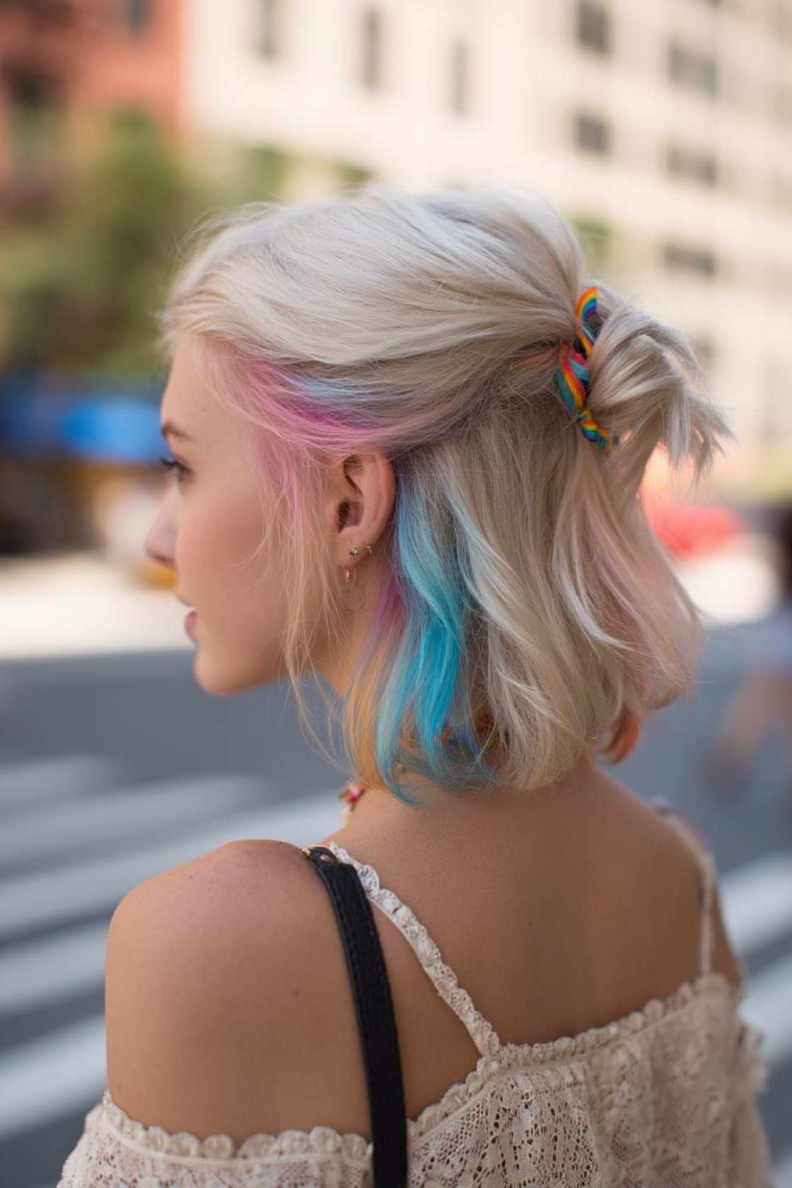 Short Hair, Don't Care? 12+ Fabulous Pride Hairstyle Ideas for Shorter Locks. - 3. Half-Up with Color Pop