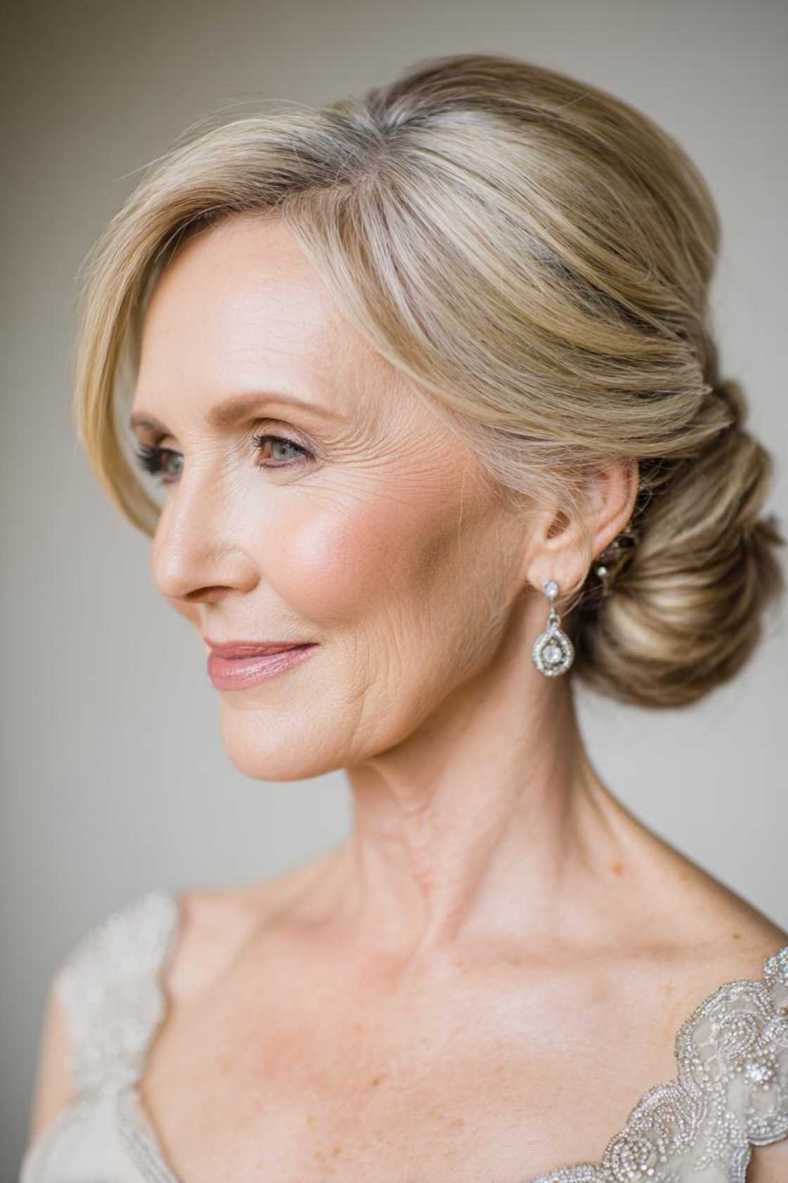 Classy Choices: 18+ Mother of the Groom Hairstyles (Updos, Bobs, Soft Waves). - 18. Low Bun with Face-Framing Pieces