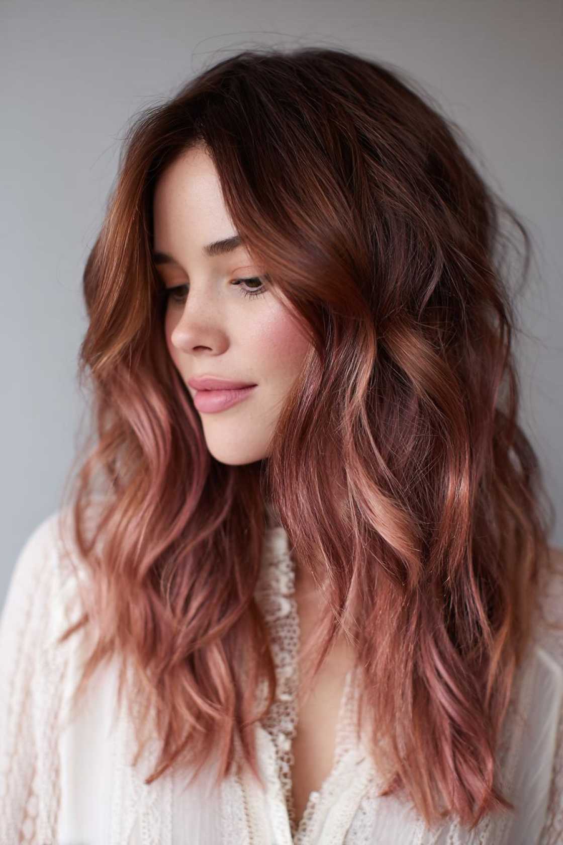 Is Rose Gold Your Next Hair Adventure? 18+ Inspiring Looks to Consider. - 18. Rose Gold Balayage on Brown Hair