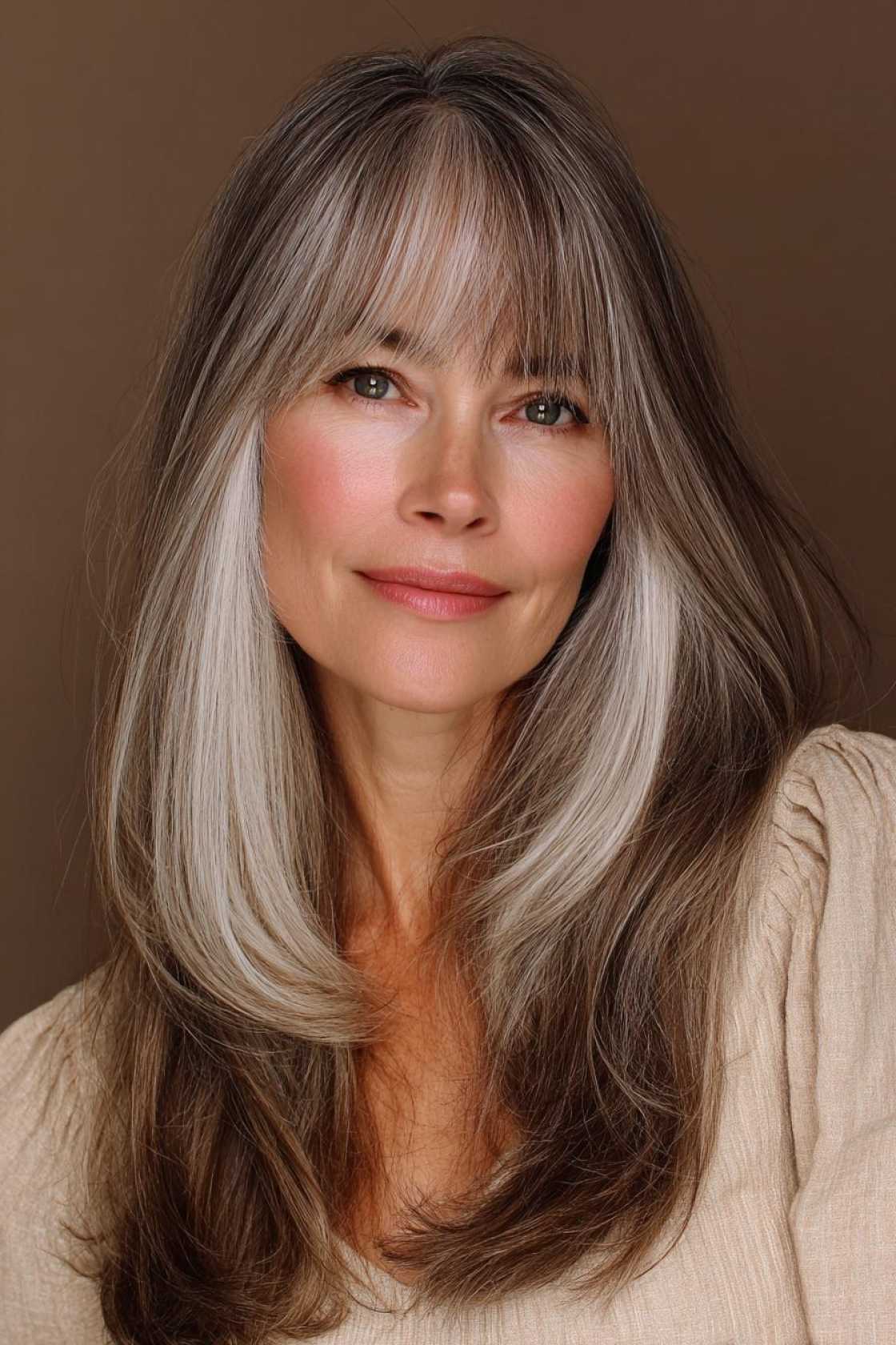 Long Hair, Don't Care (About Age!): 20+ Chic Long Hairstyle Ideas for Women Over 50. - 8. Layered Cut with Curtain Bangs