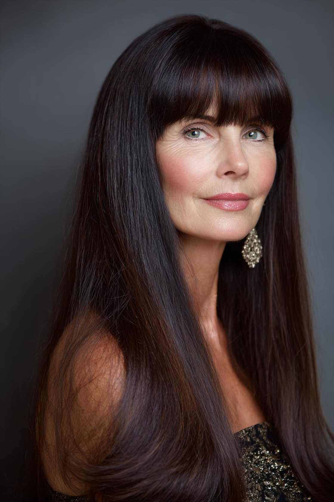 Long Hair, Don't Care (About Age!): 20+ Chic Long Hairstyle Ideas for Women Over 50. - 18. Straight and Sleek with Bangs