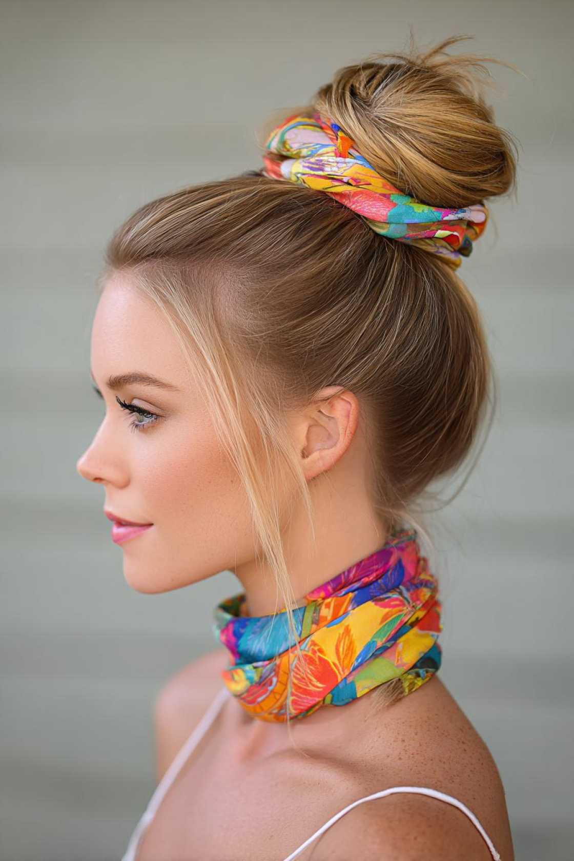 Look Great on the Go: 20+ Practical (and Pretty!) Mom Hairstyles. - 10. The High Bun with a Scarf