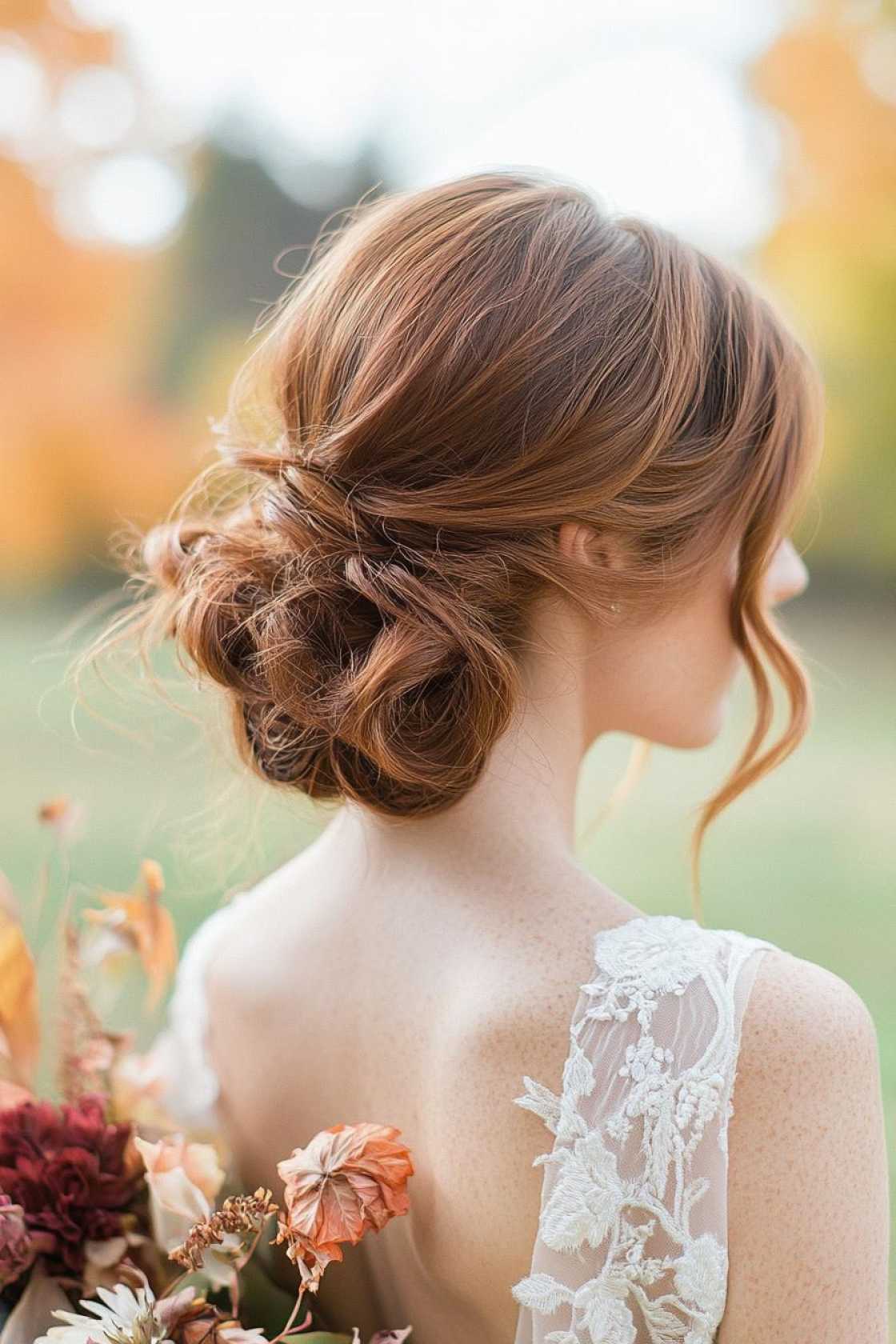12+ Romantic Fall Updos Perfect for Weddings and Special Occasions 2025 - Romantic Fall Updo #1: Elegant Low Bun w