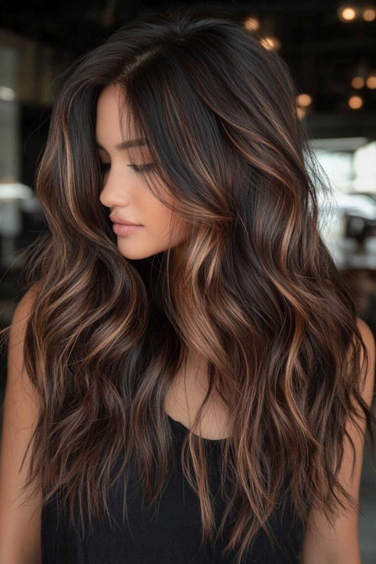 Glossy Perfection: 12+ Dark Brunette Waves with Caramel Tones for a Luminous Finish
