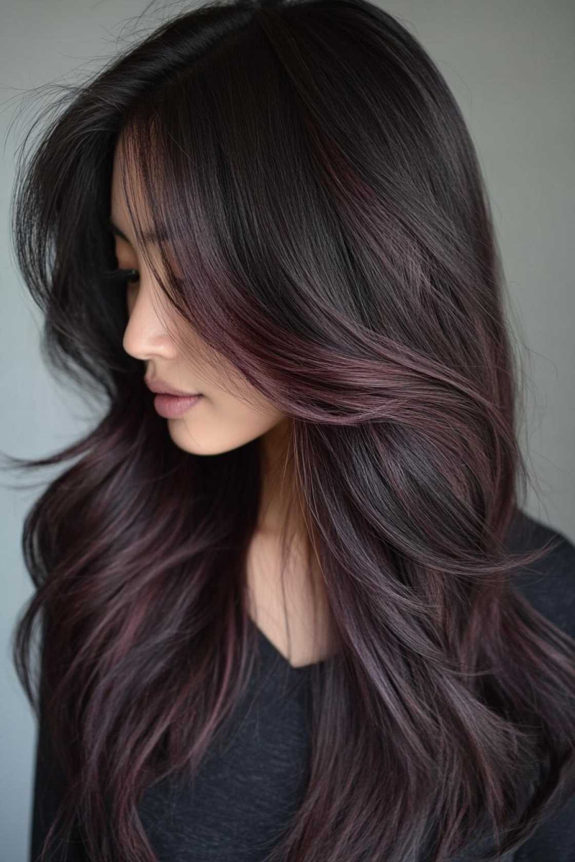 12+ Dark Hair with Highlights That Add Depth Without Harsh Contrast - 2. Smoky Mauve Highlights on Black Hair