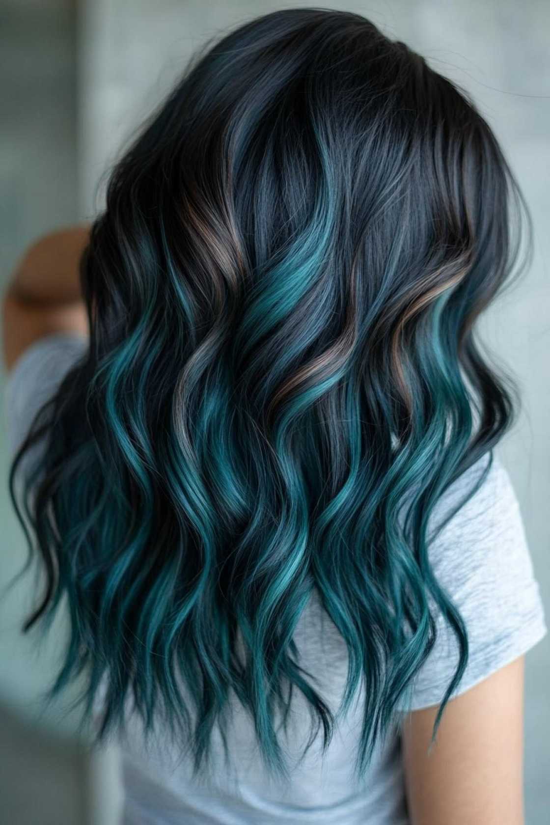 12+ Dark Hair with Highlights That Add Depth Without Harsh Contrast - 8. Shadow Roots with Muted Teal Highligh