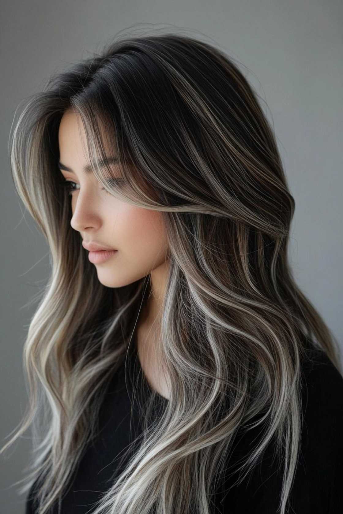 12+ Dark Hair with Highlights That Add Depth Without Harsh Contrast - 5. Dark Ash Blonde Highlights on Black