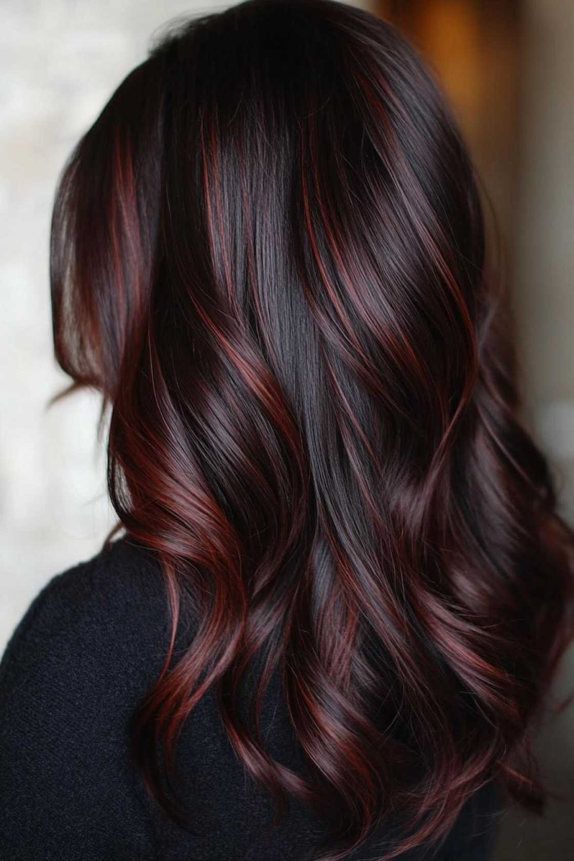 12+ Dark Hair with Highlights That Add Depth Without Harsh Contrast - 4. Burgundy Ribbons on Darkest Brown